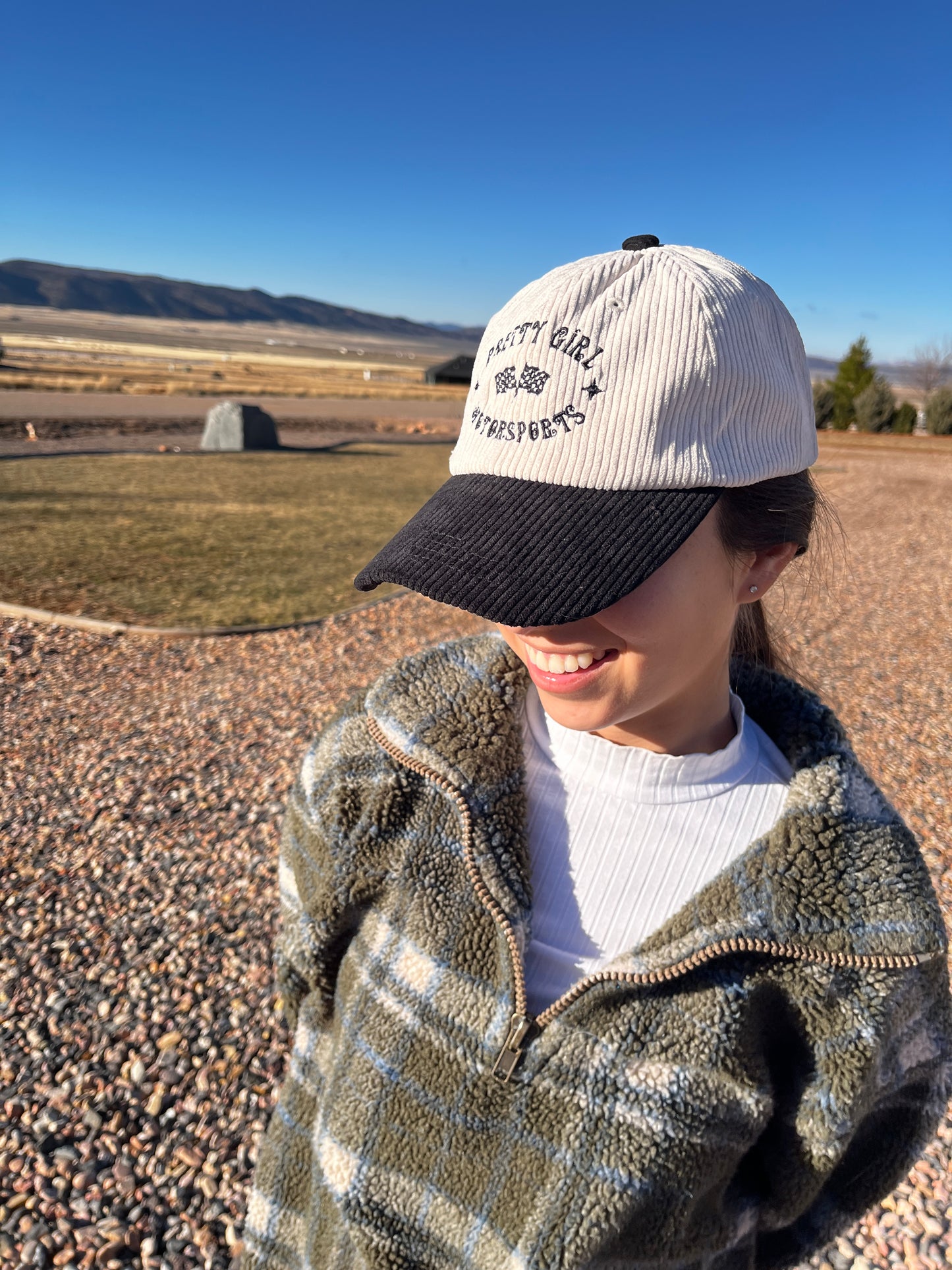 Stars & Checkers Hat | Pretty Girl Motorsports Embroidered Two-Tone Corduroy Hat